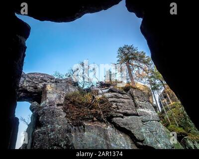 The so called Devil's Kitchen of Szczeliniec - a deep rock chasm - in the Table Mountain National Park, Szczeliniec sanstone ravine within the Table M Stock Photo