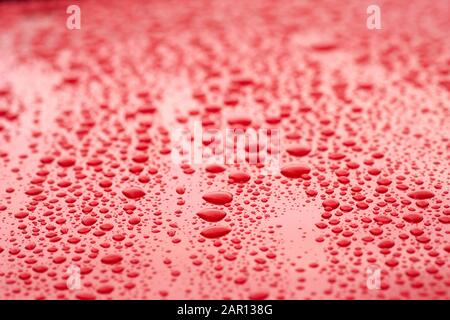 beads of rain water on freshly wax red car paintwork Stock Photo