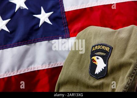 101st airborne division screaming eagles patch on vietnam era uniform in front of united states of america flag Stock Photo