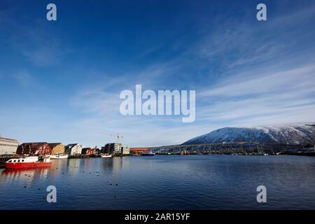 tromso harbour and bridge norway Stock Photo