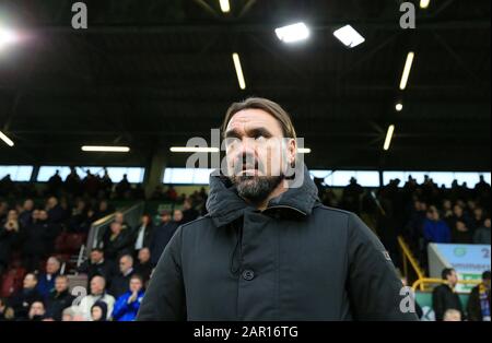 Turf Moor, Burnley, Lanchashire, UK. 25th January 2020; Turf Moor, Burnley, Lanchashire, England; English FA Cup Football, Burnley versus Norwich City; Norwich City manager Daniel Farke looks on from the dugout - Strictly Editorial Use Only. No use with unauthorized audio, video, data, fixture lists, club/league logos or 'live' services. Online in-match use limited to 120 images, no video emulation. No use in betting, games or single club/league/player publications Stock Photo
