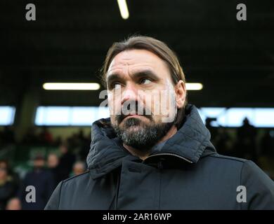 Turf Moor, Burnley, Lanchashire, UK. 25th January 2020; Turf Moor, Burnley, Lanchashire, England; English FA Cup Football, Burnley versus Norwich City; Norwich City manager Daniel Farke looks on from the dugout - Strictly Editorial Use Only. No use with unauthorized audio, video, data, fixture lists, club/league logos or 'live' services. Online in-match use limited to 120 images, no video emulation. No use in betting, games or single club/league/player publications Stock Photo