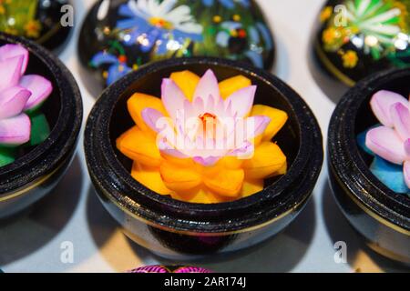 Thailand Handmade carved flower soaps in painted boxes, floral patterns, Chiang Mai Sunday night Market, Stock Photo