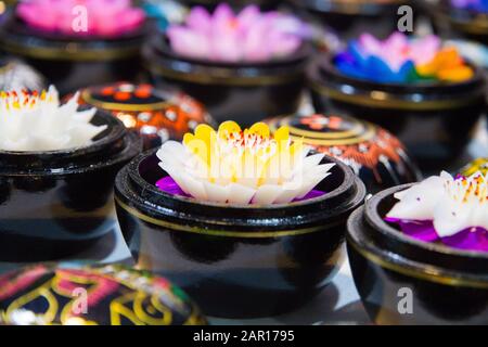 Thailand Handmade carved flower soaps in painted boxes, floral patterns, Chiang Mai Sunday night Market, Stock Photo