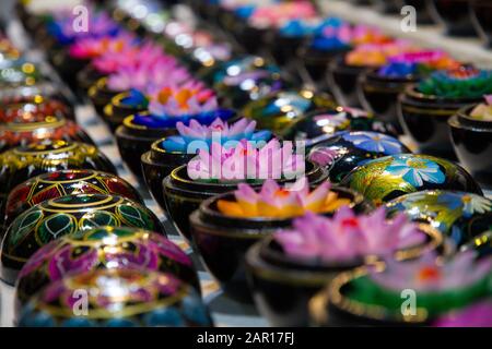 Thailand Handmade carved flower soaps in painted boxes, floral patterns, Chiang Mai Sunday night Market, Stock Photo