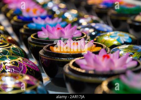 Thailand Handmade carved flower soaps in painted boxes, floral patterns, Chiang Mai Sunday night Market, Stock Photo