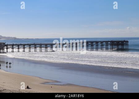 A bluff with tall plant and empty bench overlooking views of Crystal Pier at Pacific Beach with their beach bungalows above the surf on a sunny day Stock Photo