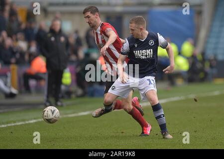 New Den London, UK 25th January 2020. New Den London, UK. 25th Jan, 2020. Frank Fielding of Millwall in a challenge with with Chris Basham of Sheffield United during the Millwall vs Sheffield Utd FA Cup 4th Round Tie at the New Den London 25th January 2020-EDITORIAL USE ONLY No use with unauthorised audio, video, data, fixture lists (outside the EU), club/league logos or 'live' services. Online in-match use limited to 45 images ( 15 in extra time). No use to emulate moving images. No use in betting, games or single club/league/player publications/services- Credit: MARTIN DALTON/Alamy Live News Stock Photo