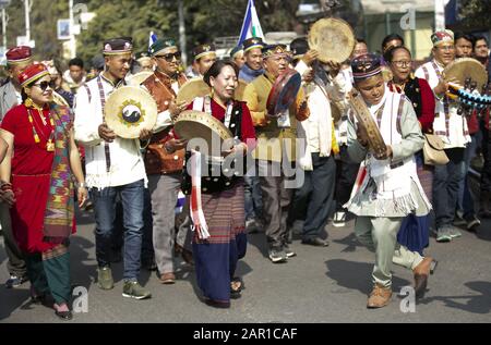 Kathmandu, Nepal. 25th Jan, 2020. Indigenous people from ethnic Tamang community dance and sing during Sonam Lhosar festival in Kathmandu, Nepal on Saturday, January 25, 2020. Credit: Dipen Shrestha/ZUMA Wire/Alamy Live News Stock Photo