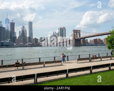 New York, USA - May 31, 2019: Manhattan seen from the Brooklyn Bridge Park. Stock Photo