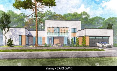 3d illustration of a private residential building in the summer forest. hand drawn architecture. The concept of a modern country villa Stock Photo