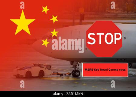 Middle East Respiratory Syndrome Coronavirus chinese infection Jet aircraft docked plane at the airport on loading at airport during boarding operatio Stock Photo