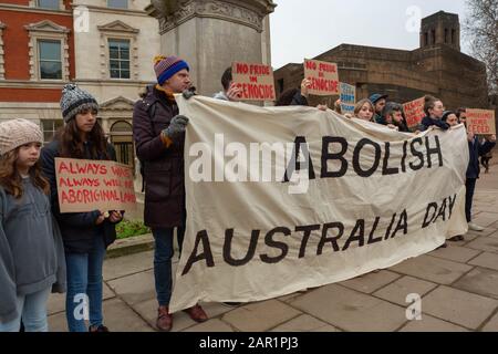 London, UK. 25th Jan, 2020. A group of ex-pat Australians meet at The Captain Cook Memorial statue on The Mall, to protest against Australian Day. Penelope Barritt/Alamy Live News Stock Photo