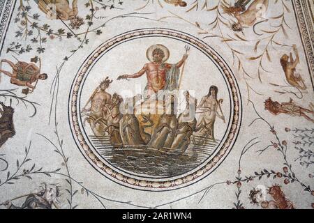 'The Triumph of Neptune' an ancient Roman mosaic from La Chebba, Tunisia, 2nd Century AD, displayed in the Bardo National Museum, Tunis, Tunisia. Stock Photo