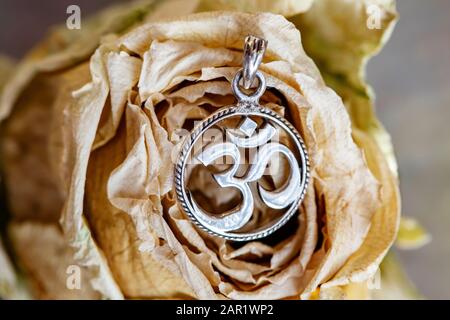 Sterling silver pendant in shape of om symbol in cyrcle placed on dried rose Stock Photo