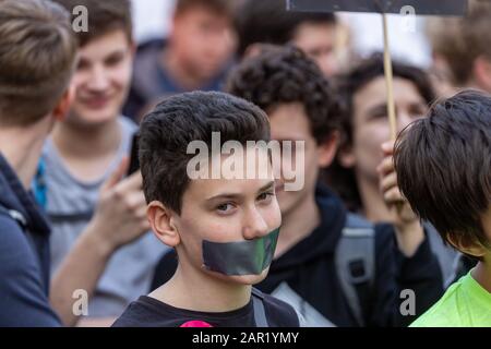 ERFURT, GERMANY - Mar 23, 2019: Crowd people man shouting and raising fist protest march against new copyright law by European union, namely “Artikel Stock Photo