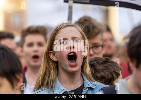 ERFURT, GERMANY - Mar 23, 2019: Crowd people man shouting and raising fist protest march against new copyright law by European union, namely “Artikel Stock Photo