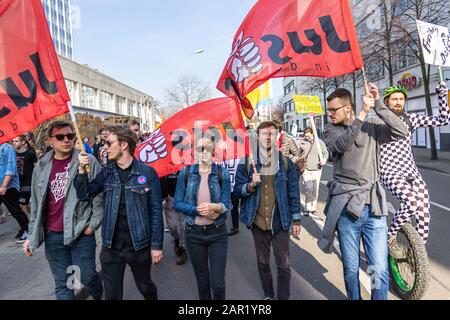 ERFURT, GERMANY - Mar 23, 2019: Head-on protest march demonstration demo rally against new copyright law by European union, namely “Artikel 13”. More Stock Photo