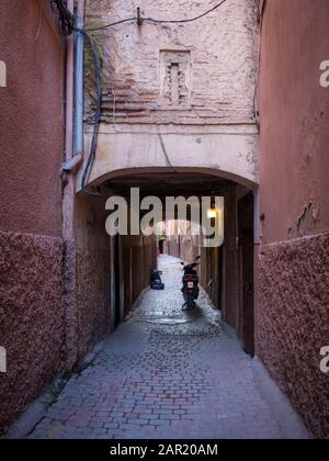 MARRAKECH, MOROCCO - Jun 02, 2018: MARRAKECH, MOROCCO. 2 JUNE 2018: Old streets of Marrakech medina district in Morocco Stock Photo