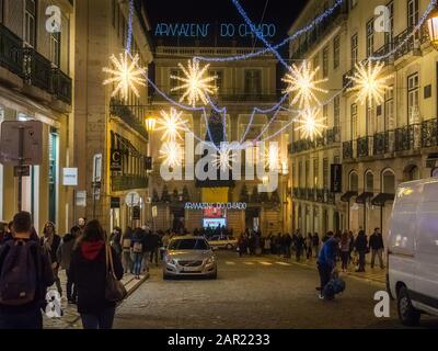 LISBON, PORTUGAL - Dec 12, 2018: Christmas lights in Armazens do Chiado in Lisbon downtown. Stock Photo