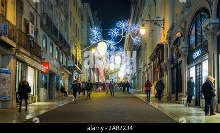 LISBON, PORTUGAL - Dec 12, 2018: Christmas lights in Armazens do Chiado in Lisbon downtown. Stock Photo