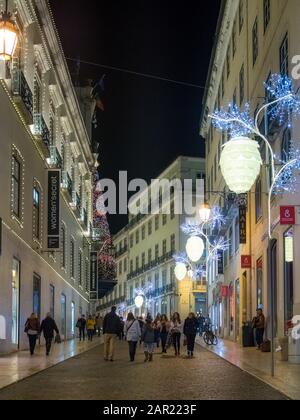 LISBON, PORTUGAL - Dec 12, 2018: Christmas lights in Armazens do Chiado in Lisbon downtown. Stock Photo