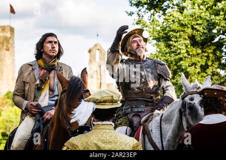 The Man Who Killed Don Quixote (2018) directed by Terry Gilliam and starring Adam Driver as Toby and Jonathan Pryce as Don Quixote. Comedy about Toby a film director trapped in the delusions of a Spanish cobbler who things he is the legendary Don Quixote. Stock Photo