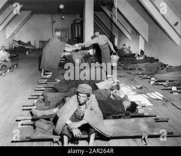 Hungarian Jews Lying on Cots after Removal from Nazi Concentration Camps to Facilities provided by US Army 121st Evacuation Hosp., Austria, photograph by U.S. Army Signal Corps, May 1945 Stock Photo