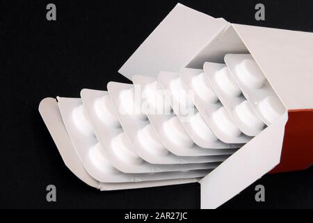 Blister pack of medicine tablets in box Stock Photo