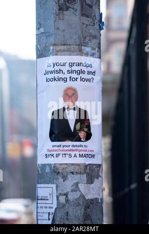 Presumably, a Jewish grandma's search for love. A very unusual flyer taped to a lamppost in Greenwich Village near Washington Square Park. Stock Photo