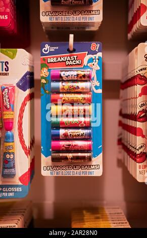 An 8 pack of breakfast cereal flavored lip balm for sale at it'sugar, a candy by the pound & tchotchke shop in Greenwich Village, Manhattan, NYC Stock Photo
