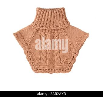Brown warm knitted sweater with a pattern isolated on white. Stock Photo