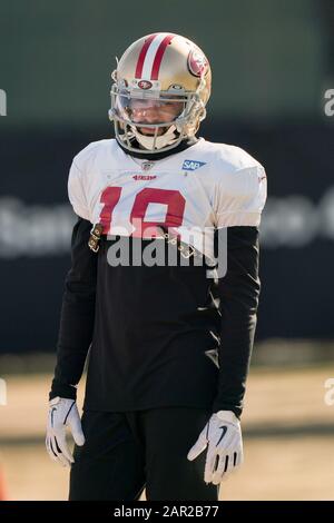 San Francisco 49ers wide receiver Dante Pettis (18) during practice in preparation for Super Bowl LIV at the SAP Performance Center, Friday, Jan. 24, 2020, in Santa Clara, California. (Photo by IOS/ESPA-Images) Stock Photo