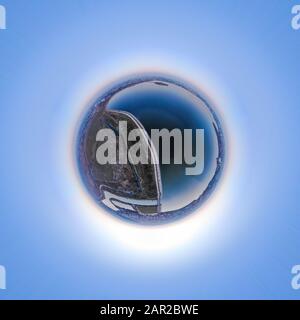 Aerial tiny planet photo took above Morii Lake, Bucharest, Romania. Stock Photo