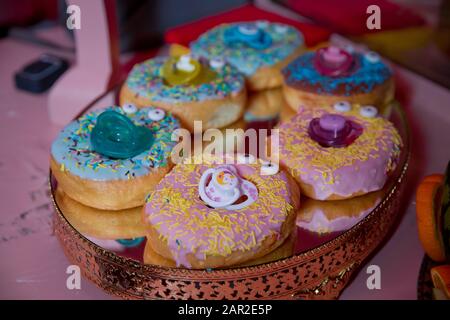Colorfull cake pops . blue and pink cake with colorfull small sweet ball . decoration for cake and bekery. Stock Photo