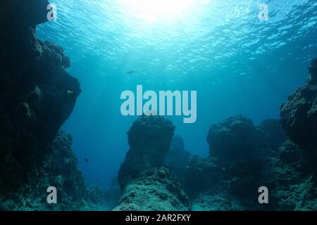 Underwater seascape, rocky reef on the ocean floor with sunshine through water surface, natural scene, Pacific ocean, French Polynesia Stock Photo