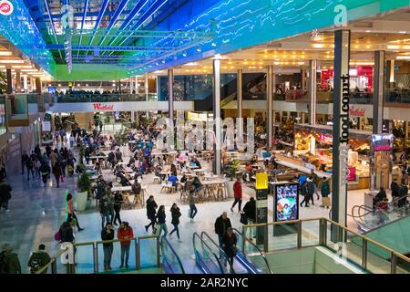 Westfield shopping centre interior, food court, food hall, stratford, london, uk Stock Photo