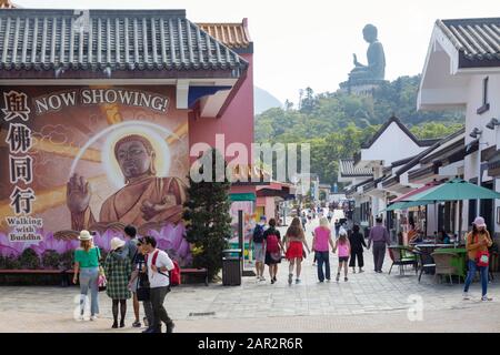 Hong Kong travel; tourists in the tourist village of Ngong Ping, near the Tian Tan buddha statue, Lantau island, Hong Kong Asia Stock Photo