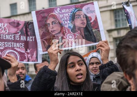 London, UK. 25th January 2020. A rally at Downing St supports the huge protests across India by students, women, Muslims, Dalits, Adivasis, workers and farmers against the Citizenship (Amendment) Act of the Hindu fascist Modi regime which has prompted horrific state and far-right violence with Muslim neighbourhoods and homes have been invaded by the police and fascist mobs, young men murdered, women, children and elderly people beaten up and tortured and property destroyed. Peter Marshall/Alamy Live News Stock Photo