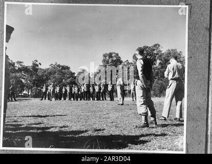 Recruits of ML-KNIL (Military Aviation Royal Dutch Indian Army) in training at Camp St. Ives Bradfield Park near Sydney (New South Wales). First parade and opening speech by W/O Windon for a group led and initiated by segeant Golding from Sydney Date: July 1945 Location: Australia, Sydney Keywords: Army, military, trainings, World War II Personal name: Golding, [...], Windon, [...] Stock Photo