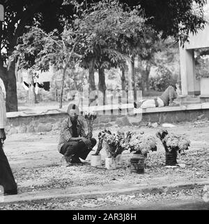 Zaire (formerly Belgian Congo)  Street statue in Kinshasa; flower vendor Date: October 24, 1973 Location: Congo, Kinshasa, Zaire Keywords: flowers, cityscapes, street trade Stock Photo