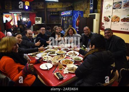 Damascus. 24th Jan, 2020. Some Syrians and their Chinese friends gather at a Chinese restaurant to celebrate the Chinese Lunar New Year in Damascus, Syria on Jan. 24, 2020. TO GO WITH 'Feature: Chinese New Year celebrated in Damascus' Credit: Ammar Safarjalani/Xinhua/Alamy Live News Stock Photo