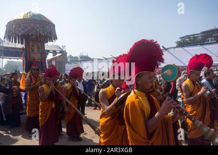 Kathmandu, Nepal. 25th Jan, 2020. Priests of Tamang community playing traditional instruments during the celebration.Tamang community celebrates Sonam Losar or New Year which occurs at the same time with the Chinese and Mongolian New Year. Credit: SOPA Images Limited/Alamy Live News Stock Photo