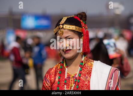 Kathmandu, Nepal. 25th Jan, 2020. A Tamang woman in a traditional attire during the celebration.Tamang community celebrates Sonam Losar or New Year which occurs at the same time with the Chinese and Mongolian New Year. Credit: SOPA Images Limited/Alamy Live News Stock Photo