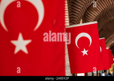 Many national Turkish Flags on the wall Stock Photo