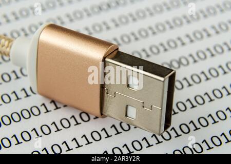 Closeup shot of a USB cable on a piece of paper with numbers and codes written on it Stock Photo