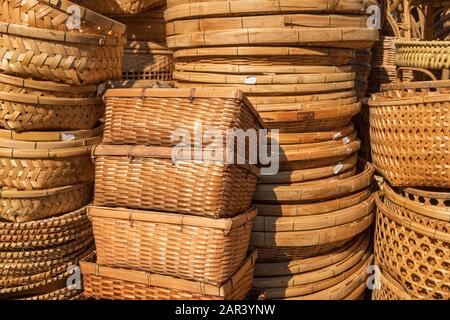 Different rattan weave items in handicraft shop Stock Photo