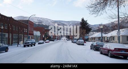 Early winter morning on Main Street, in Anaconda, Montana  Anaconda is located between Philipsburg and Butte, in Deer Lodge County, Montana. Stock Photo