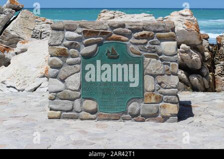 CAPE L'AGULHAS, SOUTH AFRICA - Apr 04, 2019: The southern-most tip of the Africa monument, This is a popular tourist attraction in South Africa. Stock Photo