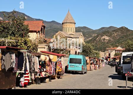 MTSKHETA, GEORGIA - Sep 27, 2019: Street vendors selling traditional Georgian goods to tourists in Mtskheta, Georgia. Stock Photo